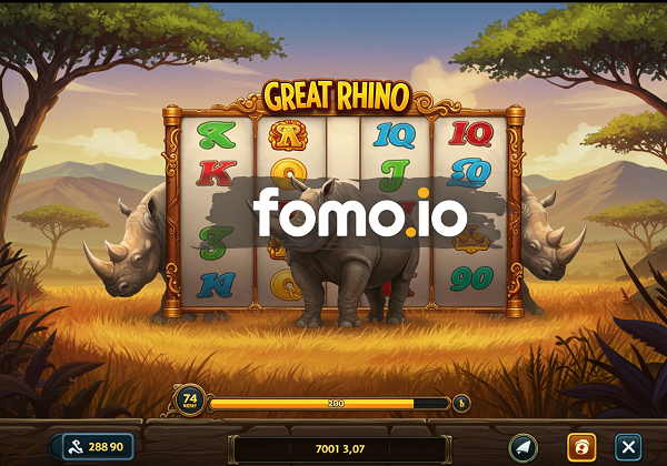 fomo.io에서 그레이트 라이노 슬롯을 모바일로 플레이하는 장면